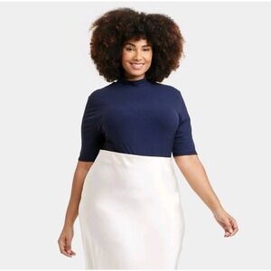 A New Day Navy Blue Ribbed Mockneck Turtleneck Elbow Short Sleeve Top NWT XS Fit
